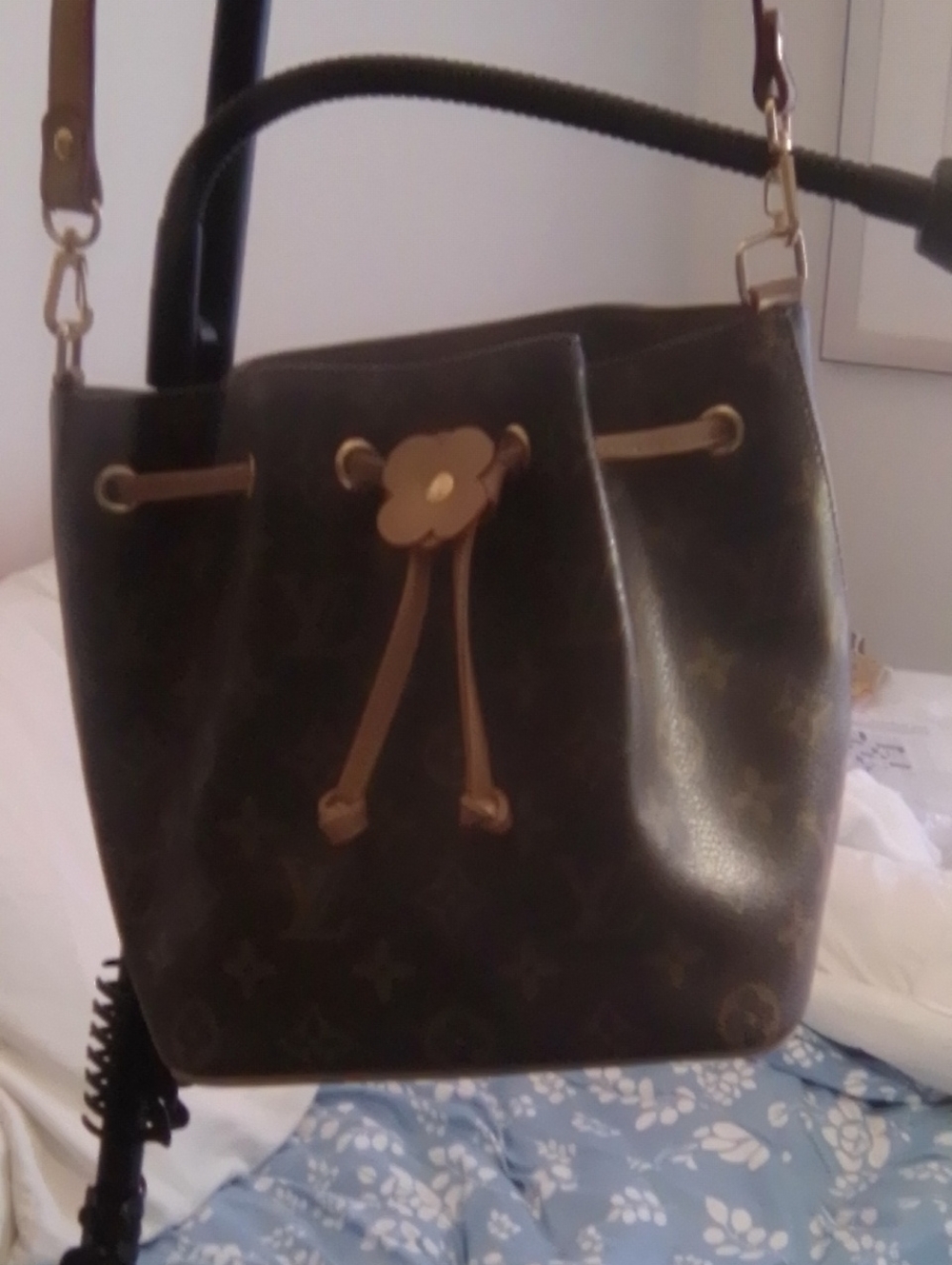Brown Monogram-Style Drawstring Bucket Shoulder Bag